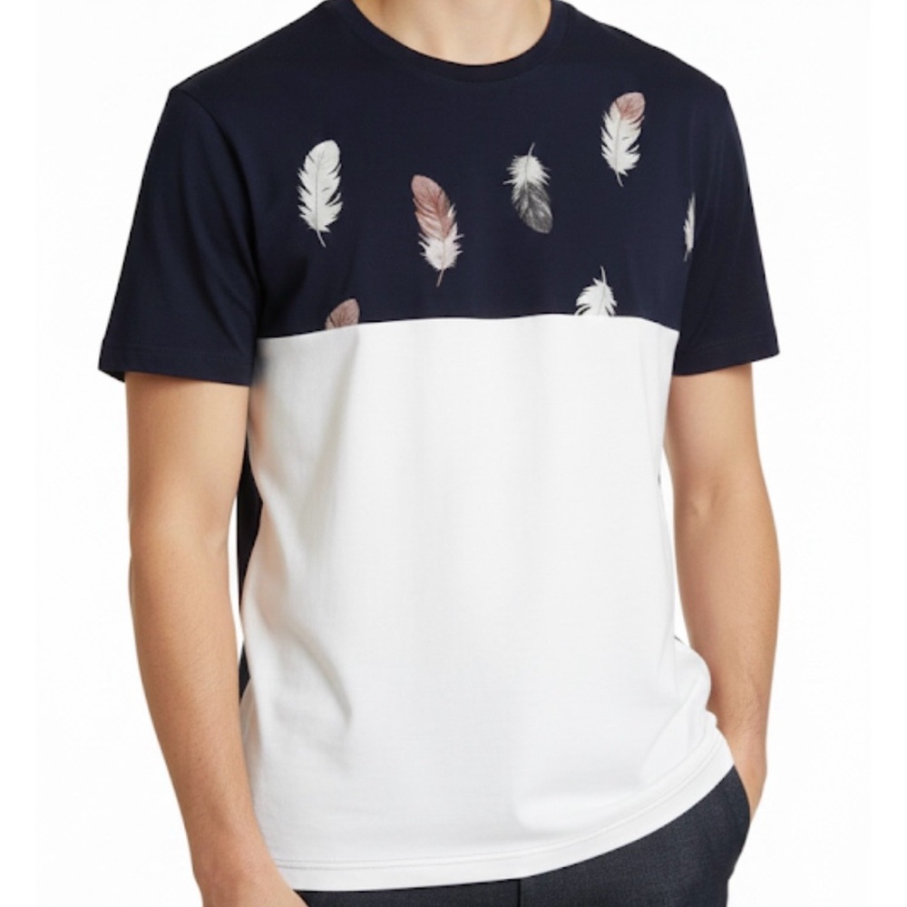 PATPAT Short Sleeve Feather Print Tee, Men’s M, Navy White